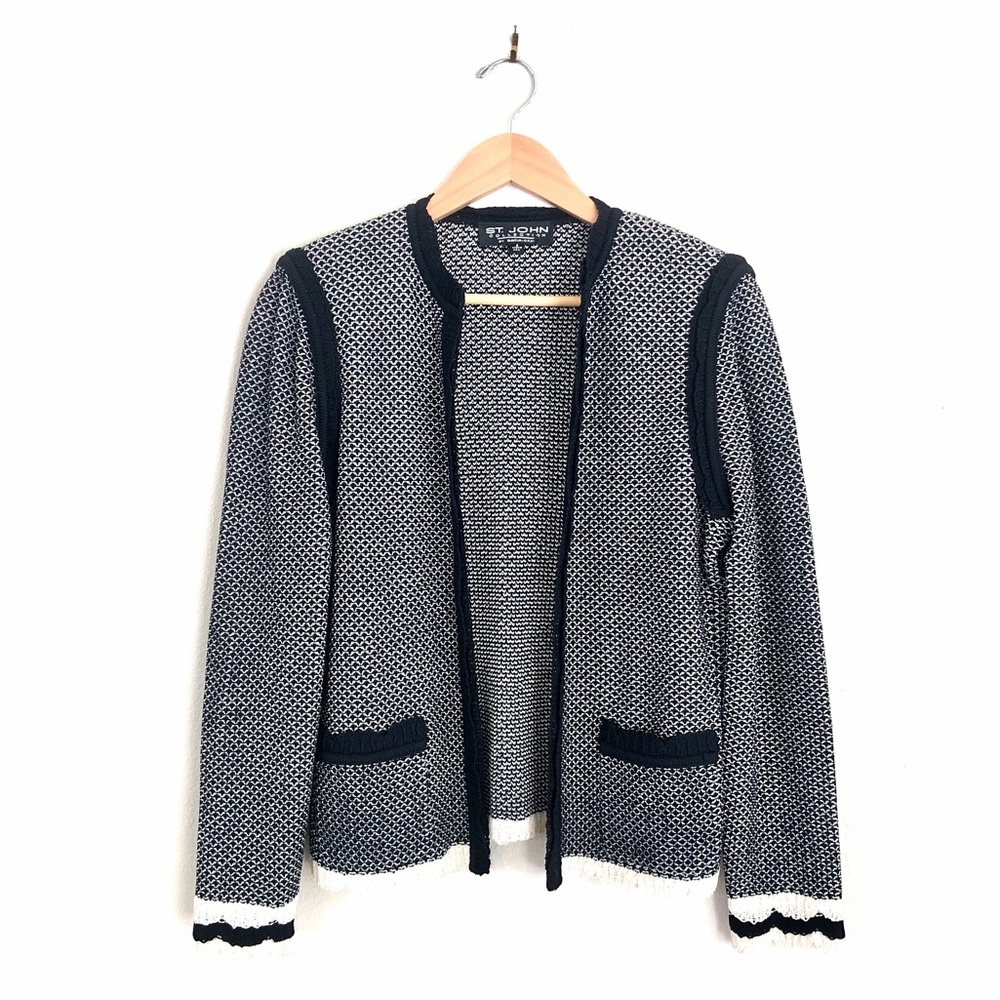 ST. JOHN Scallop Santana Knit Open Cardigan Jacket in Black White